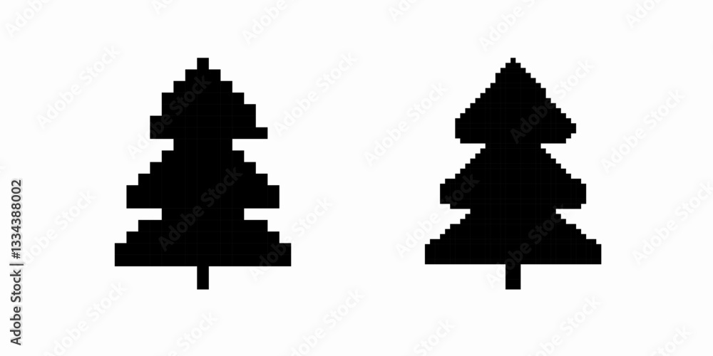 Poster two pixel art tree designs with distinct geometric shapes and clear lines, reminiscent of retro art.