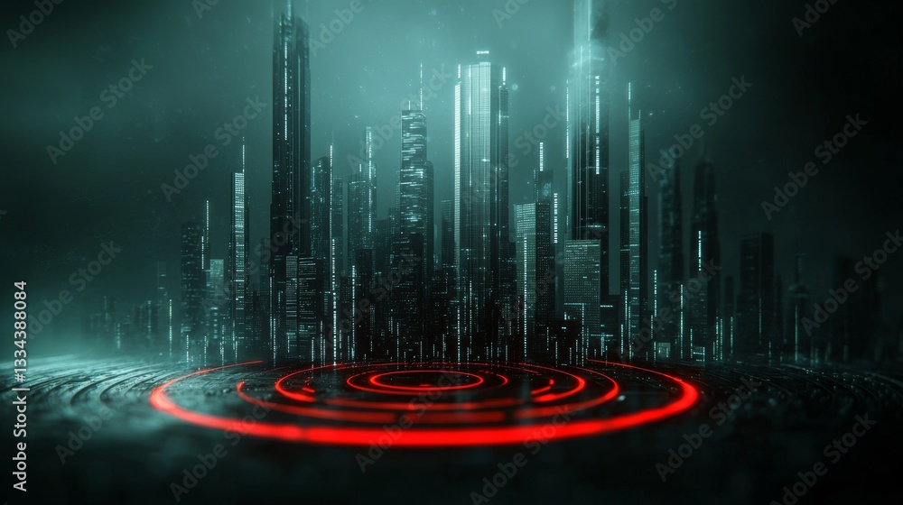 Fototapete A 3D rendering showcasing an abstract background of technology and digital data, highlighting data analysis and access to digital information, set in a digital cyberspace with particles and network