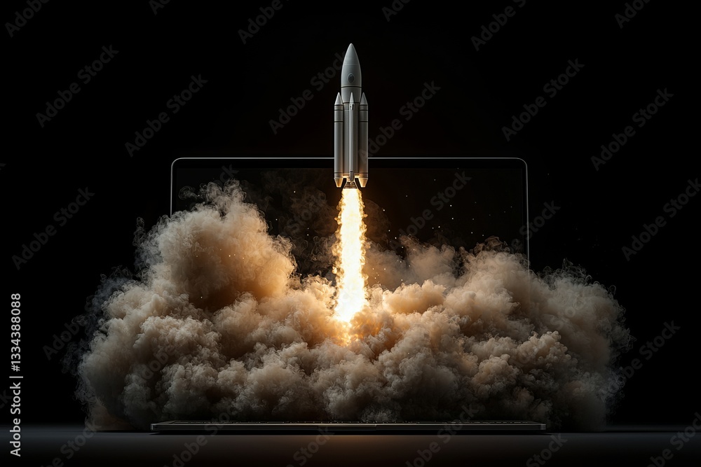 Poster initiating a space rocket launch from a laptop screen. stock.