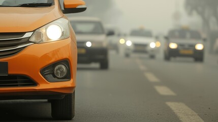 PM2.5 Air Pollution Concept, Traffic Jams in a Polluted City with Headlights Illuminating the Smoggy Environment