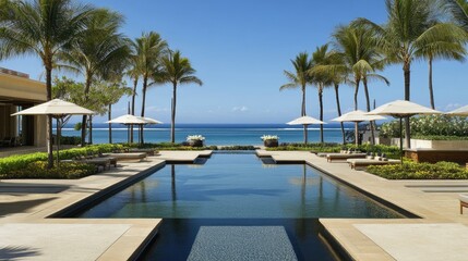 Fototapeta premium Beachside resort hotel with private cabanas, palm trees, and a relaxing infinity pool.