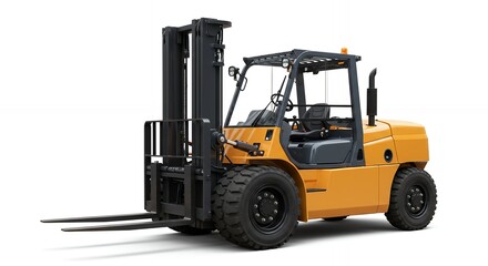 Isolated Yellow Forklift Truck with Black Mast and Wheels on White