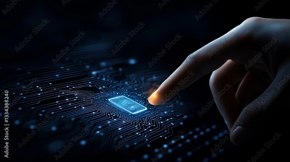 Leinwandbilder a businessman's finger touches a stock ai circuit board icon with a cyberpunk neon lighting effect, 