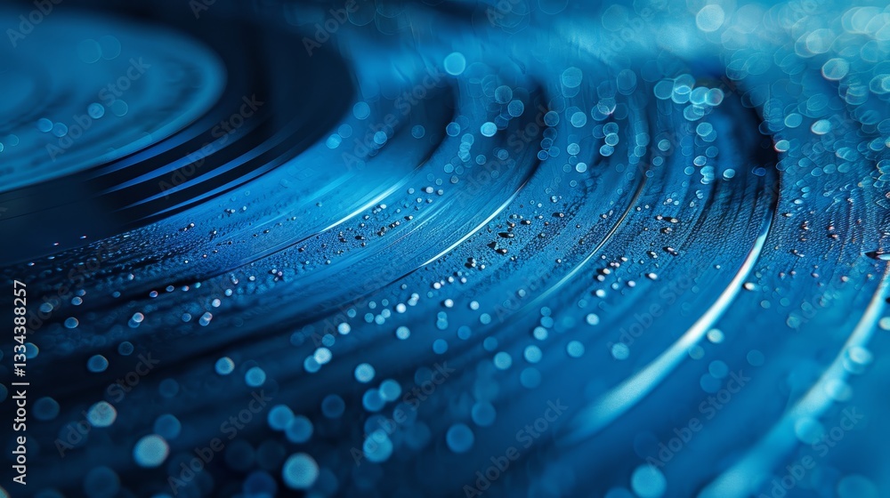 Poster abstract macro image of water droplets glistening on a blue vinyl record surface with a soft and dre