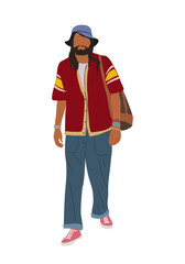 Stylish man hipster wearing modern Summer Street fashion outfit, jeans, hat, bracelets. Bearded guy with long hair walking vector realistic illustration isolated on white background.