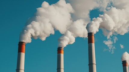 PM2.5 Air Pollution Concept, Industrial Park Featuring Billowing Smoke Clouds from Tall Chimneys Under a Clear Blue Sky