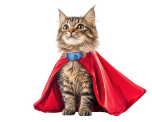 cat wearing superhero cape strikes heroic pose, exuding confidence and charm. This playful scene captures essence of imagination and fun