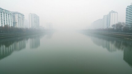 PM2.5 Air Pollution Concept, Hazy Reflection Over Polluted River Surrounded by Urban Landscape with Buildings on Foggy Day