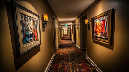 Boutique hotel corridor with warm lighting, artistic wall decor, and plush carpets.