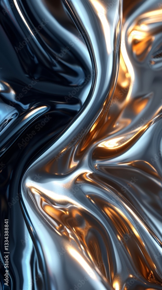 Poster abstract metallic liquid waves of silver and gold with dark blue undertones, creating a dynamic and 