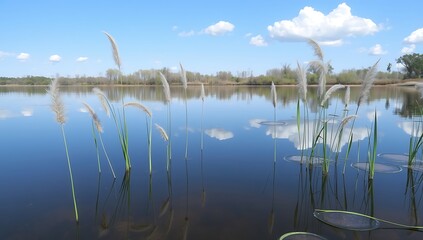 Serene lake scene with pampas grass reflections.