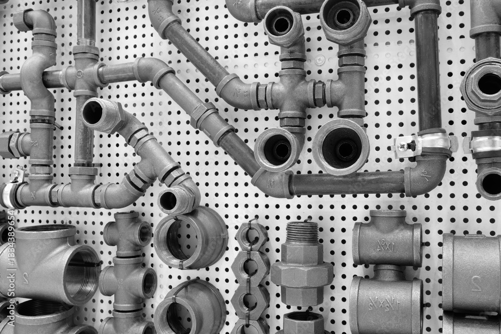Poster a wall of pipes and fittings are hanging on a wall. the pipes are of various sizes and shapes, and t