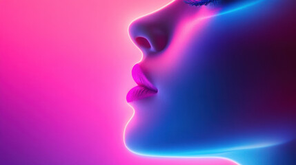 futuristic neon style portrait of strong woman, showcasing vibrant colors and striking features