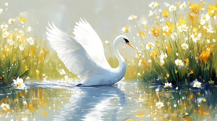 Elegant Swan Gliding Through Tranquil Lake Surrounded by Vibrant Flowers and Soft Light