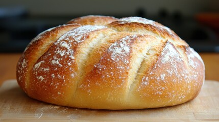 Loaf of bread with a golden crust and white powder on top.