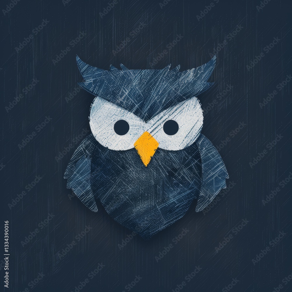 Poster abstract owl illustration with cross-hatching texture, featuring a curious expression and a dark blu