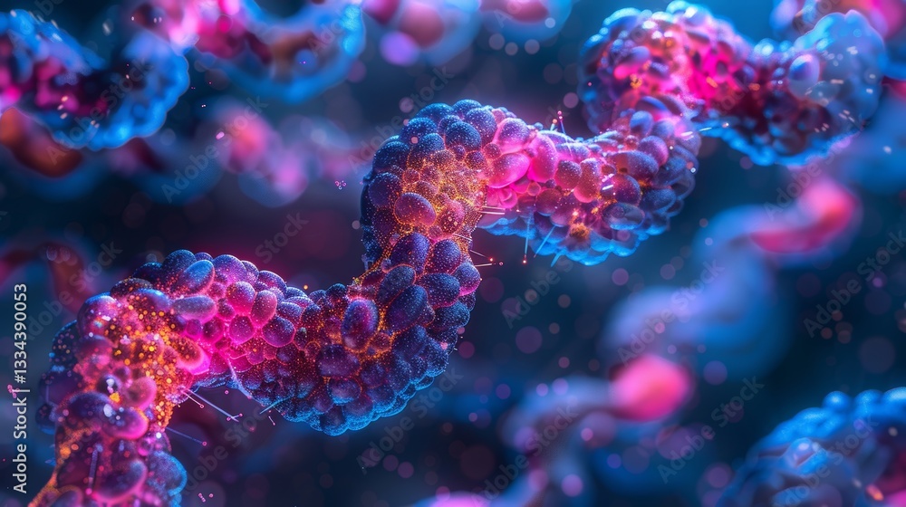 Poster abstract organic chain composed of cells with glowing particles with pink and blue gradient color on