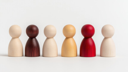 Wooden figures in various colors lined up, showcasing diversity and unity