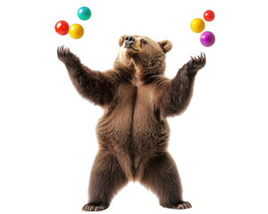 bear juggling colorful balls with goofy expression, showcasing playful energy and charm. This whimsical scene captures joy of circus performances and animal antics