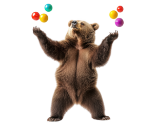 bear juggling colorful balls with goofy expression, showcasing playful energy and charm. This whimsical scene captures joy of circus performances and animal antics