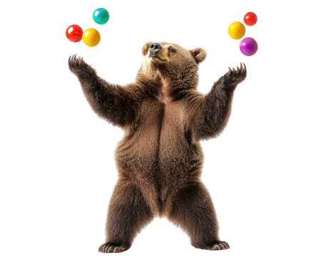 bear juggling colorful balls with goofy expression, showcasing playful energy and charm. This whimsical scene captures joy of circus performances and animal antics