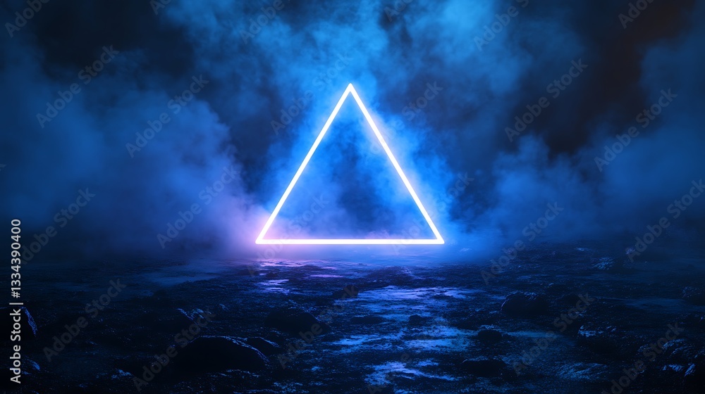 Poster glowing triangle portal amidst ethereal fog on a reflective surface sci fi abstract design element