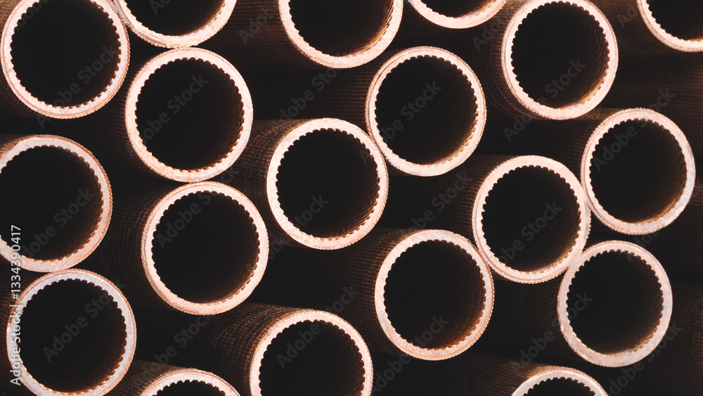 Poster a row of pipes with a brownish color. the pipes are stacked on top of each other. industrial concept