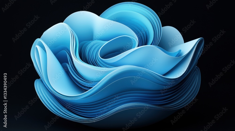 Poster a 3d rendering of a blue, abstract sculpture with a textured, wave-like surface.