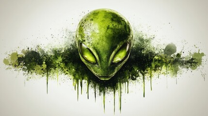 Mysterious Green Alien Face with Bright Eyes and Artistic Splashes of Color Background