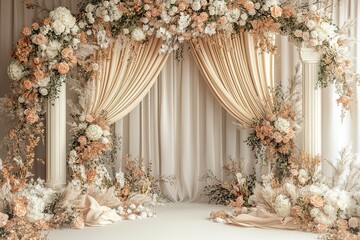 Elegant Wedding Arch with Peach & White Flowers, Beige Drapes, Pillars