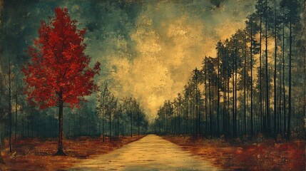 Serene Autumn Landscape with Vibrant Red Tree and Majestic Pine Forest Under Dramatic Sky