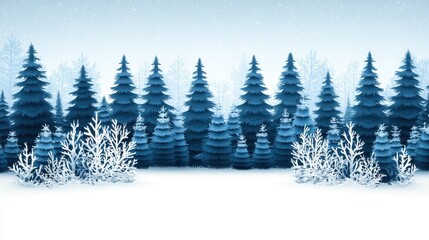 Obraz premium A serene winter scene featuring snow-covered evergreen trees and frosty shrubs in a tranquil, bluish landscape.