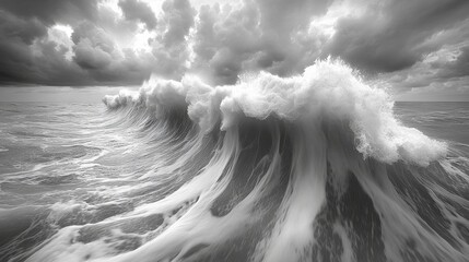 Majestic Ocean Waves Crashing Dramatically Under Dark Clouds in Moody Black and White