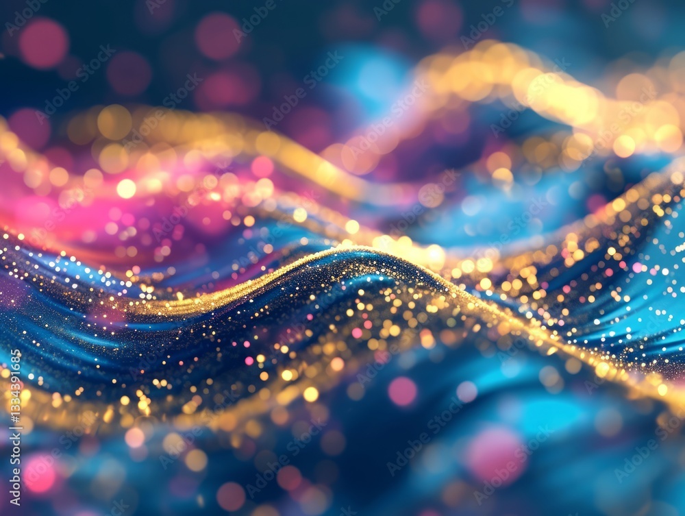 Poster abstract shimmering waves of golden and pink light particles flowing across a deep blue background w