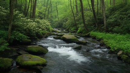 Obraz premium Lush Green Forest Stream with Mossy Rocks and Sunlight