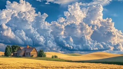 An old house sits beneath dramatic cumulonimbus clouds in the landscape