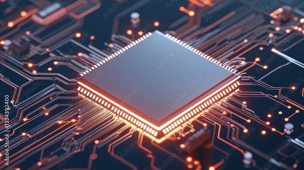 Poster a close-up view of a microchip mounted on a circuit board, showcasing intricate connections and glow