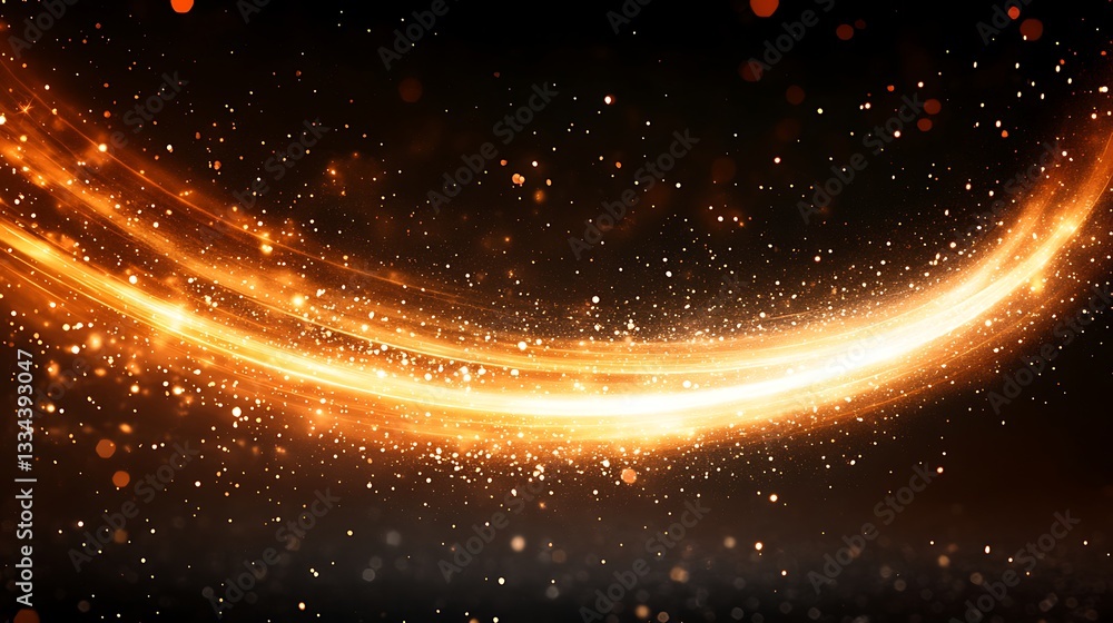 Poster golden light trail with sparkling particles on dark backdrop creates a dramatic visual effect
