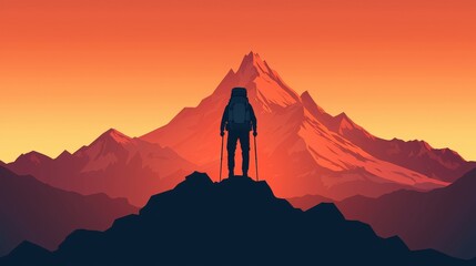 Adventurous Hiker Standing on Rocky Peak Against Vibrant Mountain Landscape at Sunset