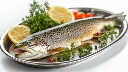 freshly catch trout fish on a stainless plate, white background
