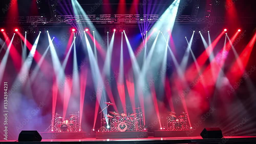 Poster light show and sound setup at a concert venue before a performance at night