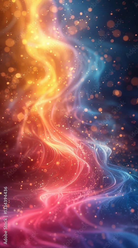 Poster abstract vibrant background with swirling glowing energy lines and bokeh lights, depicting a blend o