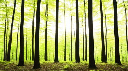 A serene forest scene with tall trees and vibrant green foliage, illuminated by soft sunlight filtering through the leaves.