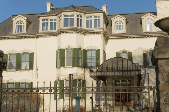 facade of historic Spadina House Museum (after hours) located at 285 Spadina Road in Toronto, Canada