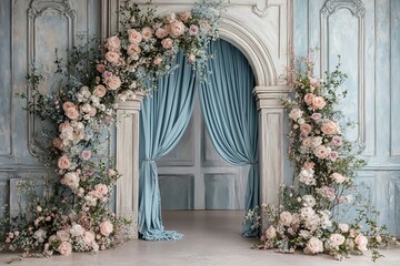 Romantic Floral Archway Backdrop Pastel Roses, Blue Curtains, Vintage Setting