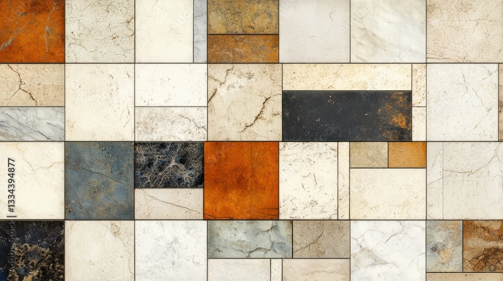 Poster a collection of tiles in various colors and patterns, arranged in a grid-like pattern.