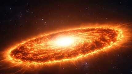 A vibrant spiral galaxy glowing with bright orange and yellow hues, surrounded by a starry backdrop, depicting the beauty of the cosmos.