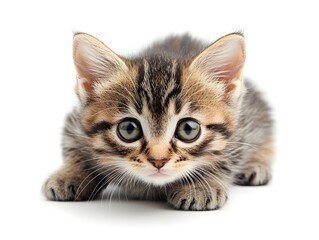 An adorable tabby kitten with big green eyes stares intently at the camera against a pure white background.