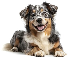 A happy Australian Shepherd dog lies down and smiles sweetly for the camera against a pure white background.
