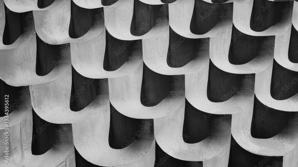 Poster a black and white image of a repeating pattern of curved shapes.